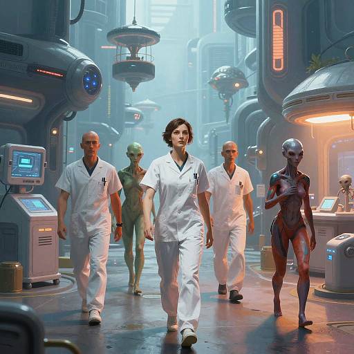 Digital artwork: Sci-fi futuristic corridor with five people, including a curly-haired woman in white lab coat, surrounded by floating pods and neon lights. Robot
