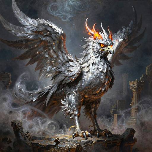 Majestic Silver Griffin in Mystical Ruins