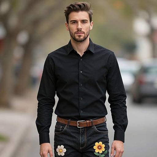 Photograph of a handsome, bearded man with short dark hair, wearing a black button-down shirt and dark jeans with yellow and white flower embroidery,