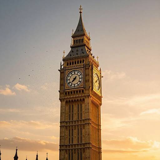 Photograph of Big Ben clock tower at sunset, golden sunlight illuminating the structure, clear sky with scattered clouds, birds flying nearby.