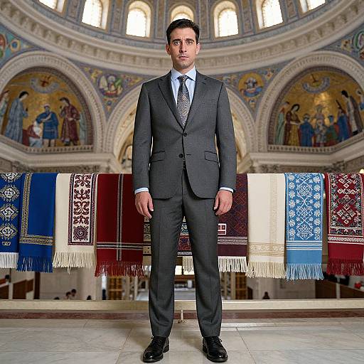 Photograph of a man in a dark gray suit and tie standing in an ornate, dome-ceiling church with colorful, patterned cloths draped