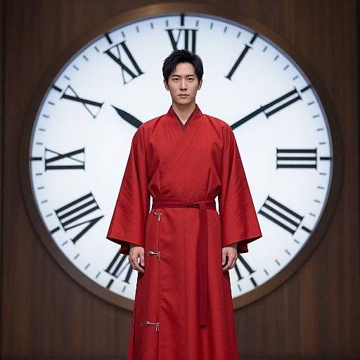 Photograph of an East Asian man in a red kimono standing in front of a large, white clock with black Roman numerals.