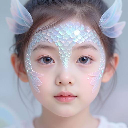 Photograph of a young Asian girl with fair skin and dark hair, wearing a shimmering silver dragon-scale face mask and translucent wing-like accessories, set