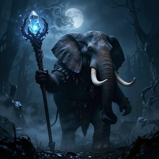 Digital artwork of a mystical, dark-blue-toned elephant with glowing white tusks, holding a radiant blue crystal staff under a full moon in a fog