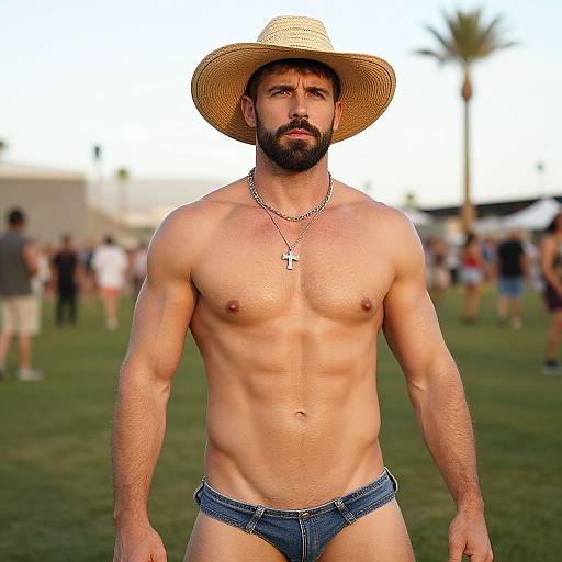 Muscular, bearded man with tan skin, wearing straw hat, cross necklace, and denim briefs, stands confidently in outdoor park. Blurred