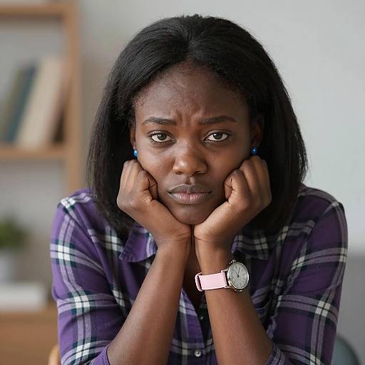 Worried Black Woman with Purple Plaid Shirt