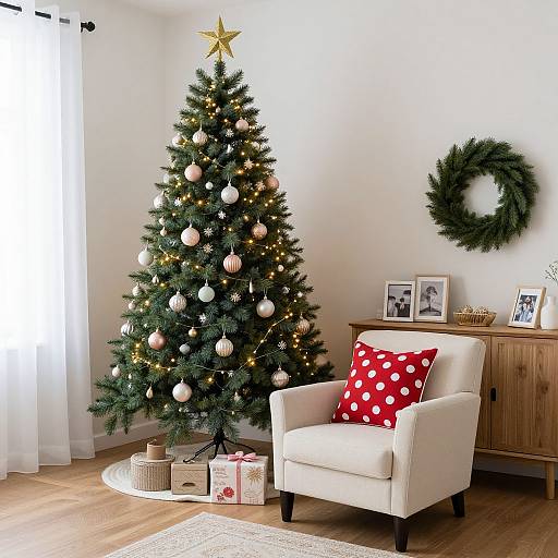 Photograph of a Christmas living room with a decorated tree, white armchair with red polka dot pillow, wooden cabinet, wreath, and gifts