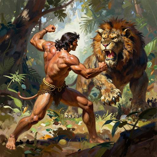 Digital painting of a muscular, shirtless man with dark hair, flexing muscles and fighting a roaring lion in a lush jungle. Wears a gold