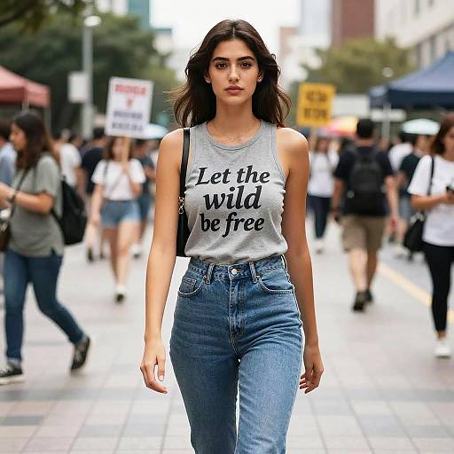 Woman in Grey Graphic Tank Top at Protest