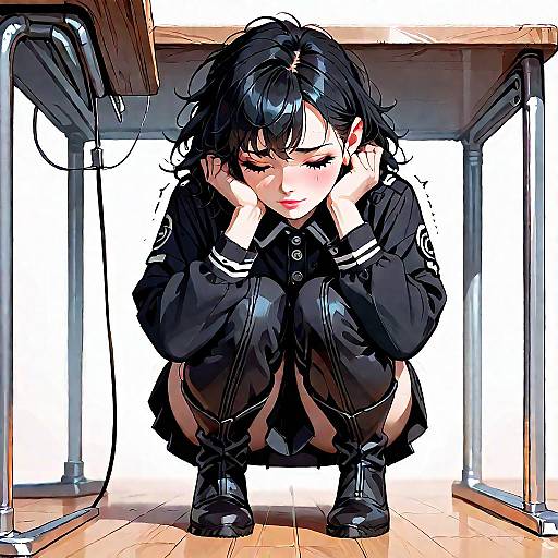 Anime Girl Hiding Under Desk