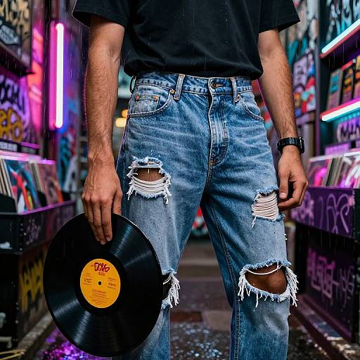Photograph of a man in ripped blue jeans and black shirt, holding a black vinyl record, in a neon-lit, graffiti-covered urban alley.