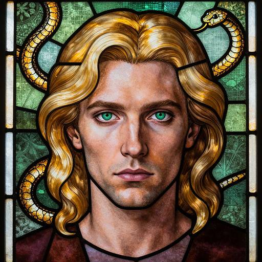 Digital artwork of a serious, green-eyed man with long, wavy blonde hair and golden serpent-like horns against a green-stained glass background. St