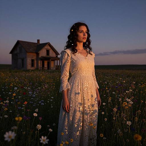 Photograph of a woman in a glowing, lacey white dress standing in a twilight field, with a rustic, abandoned house in the background.