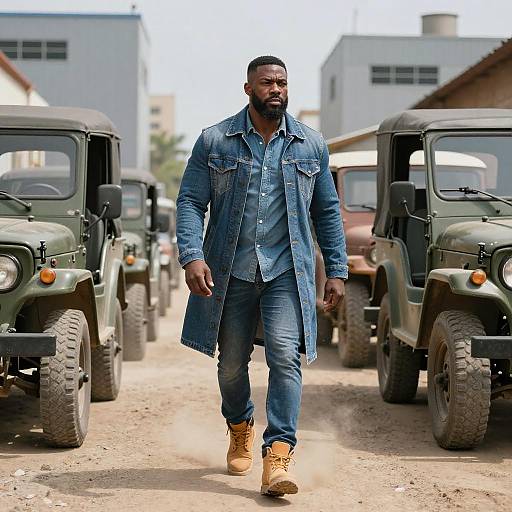 Photograph of a bearded Black man in a blue denim jacket and jeans, tan boots, walking between green military-style jeeps on a dirt road