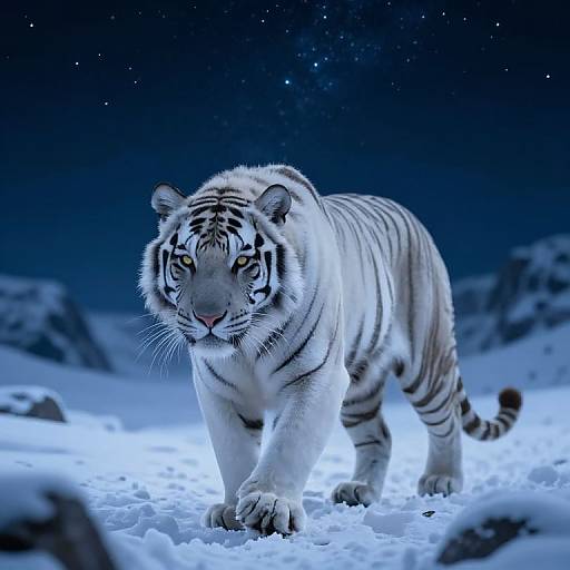 Photorealistic image of a white tiger with vivid yellow eyes walking through a snowy landscape under a starry night sky.
