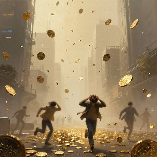 Misty Cyberpunk City with Gold Coins