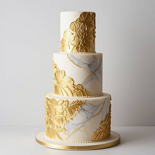 Photograph of a three-tiered wedding cake with white marble and gold floral lace patterns, illuminated from behind, creating a glowing effect.