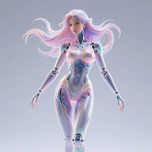 Digital CGI of a futuristic, white-haired woman with glowing, iridescent silver body armor, walking against a gradient blue background.