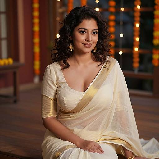 Photograph of a beautiful South Asian woman with dark curly hair, wearing a golden white saree, seated indoors with warm, blurred lights in the background