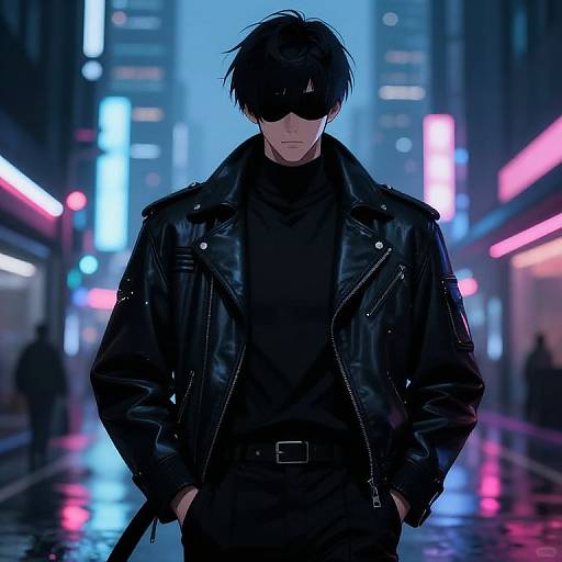 Cyberpunk night scene: Black-haired, blindfolded man in black leather jacket and turtleneck stands confidently in neon-lit, rain-so