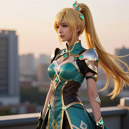 Photorealistic CGI of a blonde cosplayer with long ponytail, wearing teal and gold fantasy armor, standing on a rooftop at sunset with cityscape
