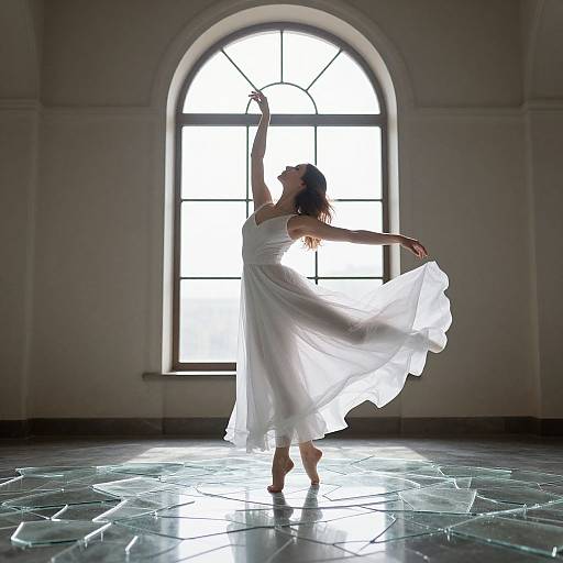 Photograph of a graceful ballerina in a flowing white dress, silhouetted against a large arched window, dancing on a reflective,