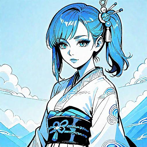 Monochrome Anime Girl in Kimono