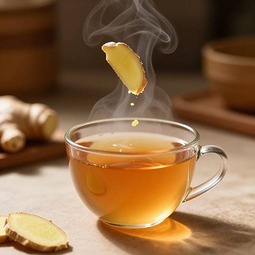 Photograph of a steaming glass cup of amber tea with a floating ginger slice, surrounded by ginger pieces on a wooden surface.