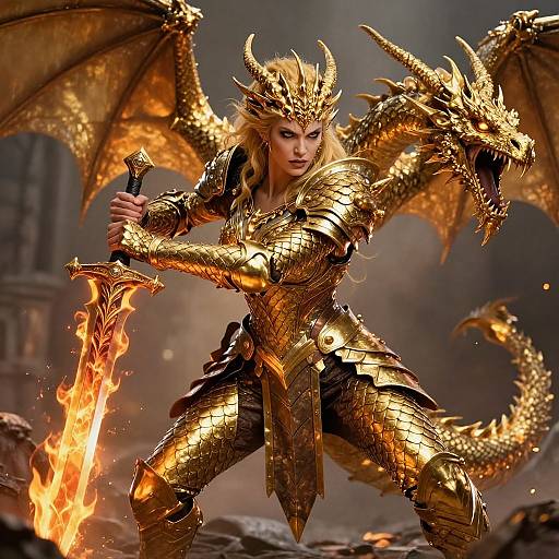 Epic digital artwork of a fierce, golden dragon-woman warrior with wings and horns, wielding a flaming sword in a fiery, ruins-filled battlefield.