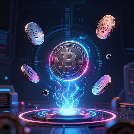 Digital artwork of glowing Bitcoin coins floating around a central, blue-flamed, holographic Bitcoin symbol on a neon-lit, futuristic background.