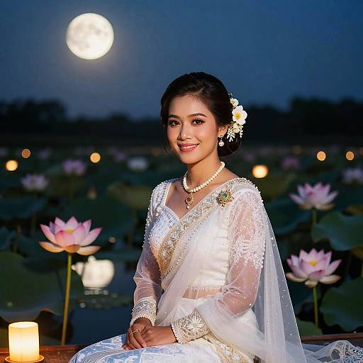 Thai Bride in White Saree by Moonlit Lotus Pond
