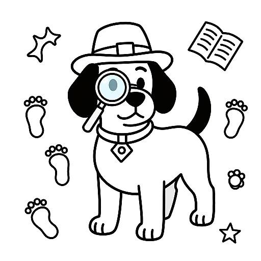 Cartoon black-and-white drawing of a smiling dog with a hat, glasses, collar, surrounded by stars, paw prints, and a paper.