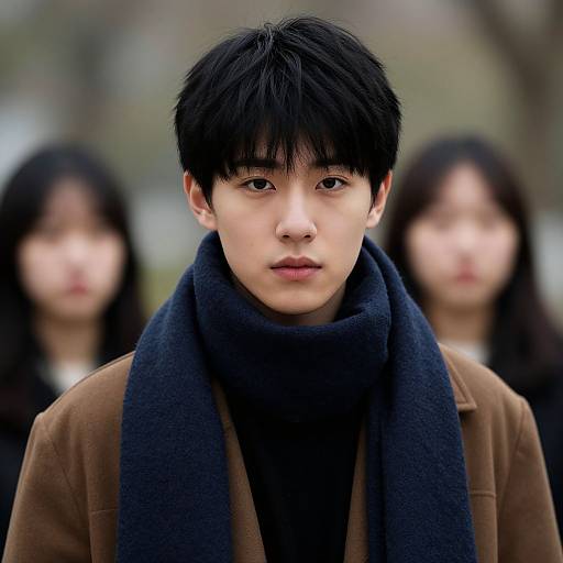 Photograph of an East Asian man with black hair, brown coat, and dark scarf, in the foreground, with two blurred women in the background.