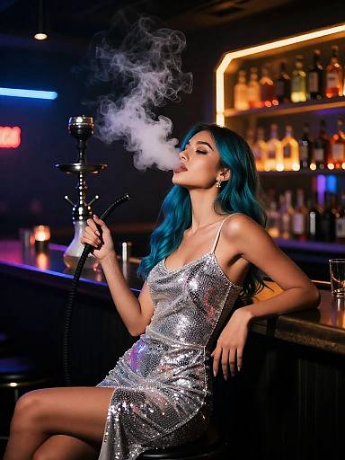 Glamorous Turquoise-Haired Woman Smoking Shisha