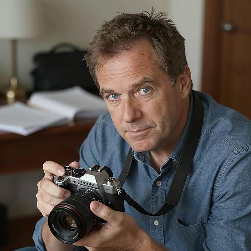 Middle-Aged Man with Camera in Dim Light