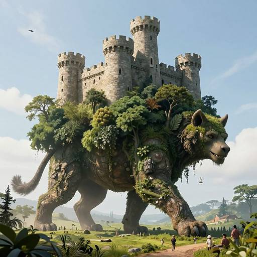 Digital fantasy artwork of a giant, stone-built castle with four towers, integrated into the back of a massive, lion-like creature covered in lush greenery