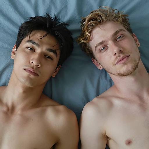 Two Shirtless Men Lying on Blue Bedsheets