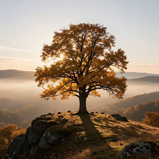 Photograph of a solitary, golden-leaved tree silhouetted against a sunrise, standing on a rocky hill with misty forest below.