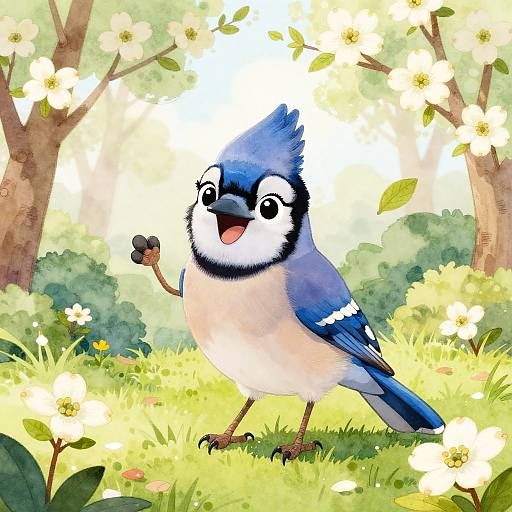 Cheerful Blue Jay in Spring Glade