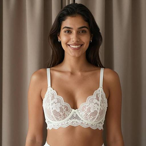 Elegant Woman in Lace against Brown Curtains