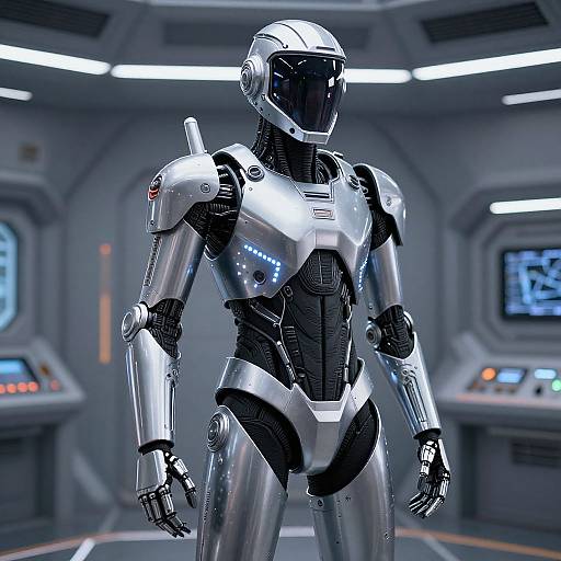 Photorealistic CGI of a silver and black humanoid robot with a sleek, futuristic design standing in a sci-fi control room.