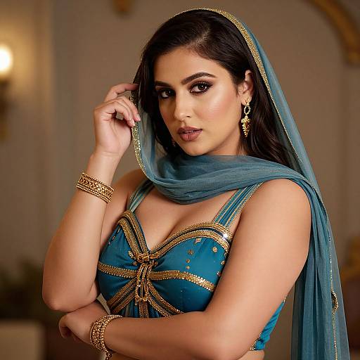 Photograph of a beautiful South Asian woman with dark hair, wearing a teal saree, gold-embellished blue top, gold jewelry, and
