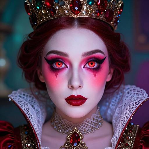 Photograph of a pale-skinned woman with red eyes, dark makeup, red lipstick, wearing a jeweled crown, elaborate lace collar, and reg