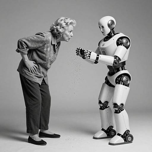 Black-and-white photograph of an elderly woman in a textured blouse and slacks, bending forward, facing a humanoid robot, which is sprinkling water dro
