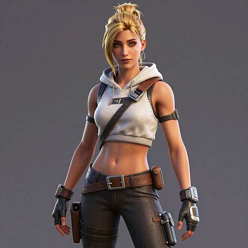 CGI rendering of a blonde, athletic woman in a white crop top, black pants, and fingerless gloves, with a holster and gun, standing
