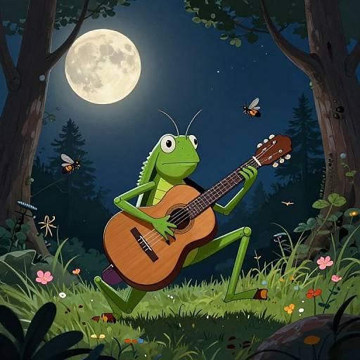 Cartoon green frog playing guitar under a full moon in a dark, starry forest with flying butterflies and colorful flowers.