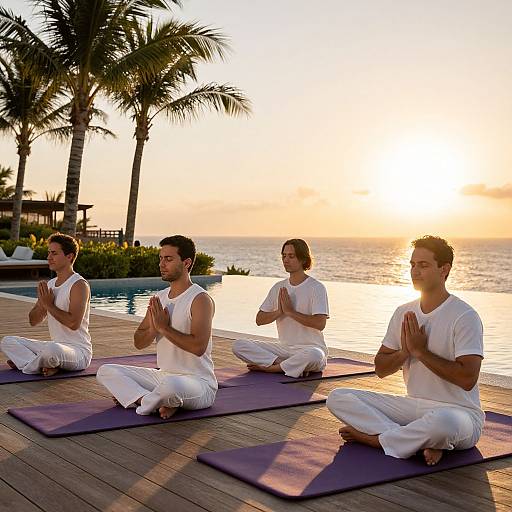 Photograph: Four men in white yoga outfits, sitting in lotus position on purple mats, practicing meditation by a tropical ocean sunset with palm trees.