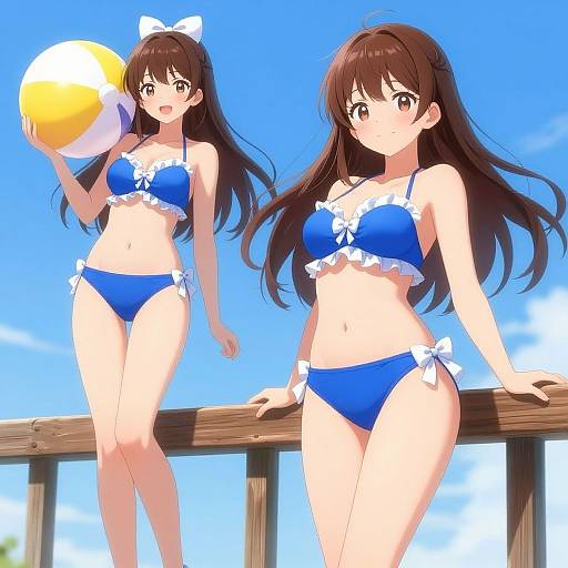 Anime-style digital drawing of a cute brown-haired girl in a blue frilled bikini, holding a beach ball, standing on a wooden railing against a bright