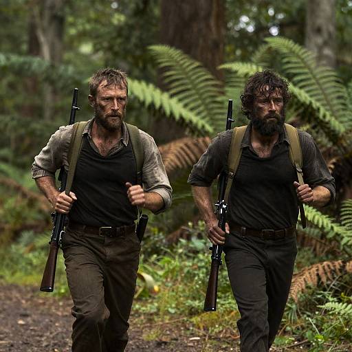 Two Men Running with Rifles in Forest