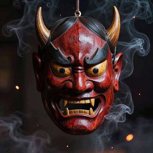 Photograph of a menacing, red, traditional Japanese oni mask with yellow horns, black eyebrows, and sharp teeth, surrounded by smoke against a dark